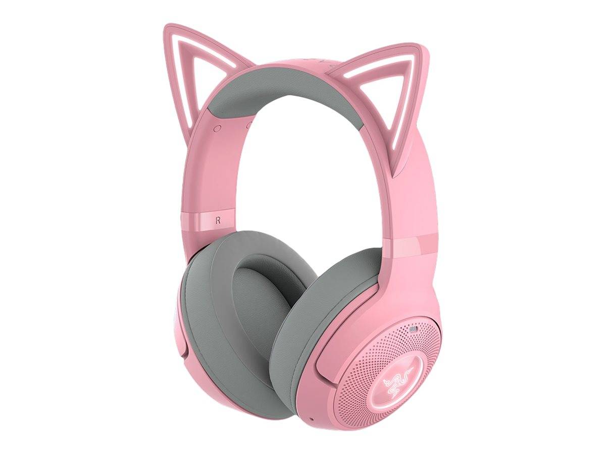 Rosa Over-Ear-Kopfhörer mit Katzenuhr-Design und grauen Ohrpolstern auf weißem Hintergrund.