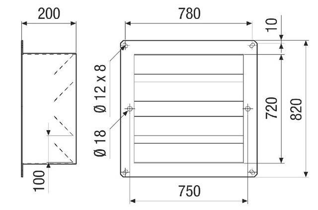 Technische Zeichnung einer quadratischen Lüftungsgitterabdeckung mit Abmessungen: 780 mm Höhe, 750 mm Breite, Schraubenlöcher Durchmesser Ø18 x 8, und 4 Befestigungspunkte.