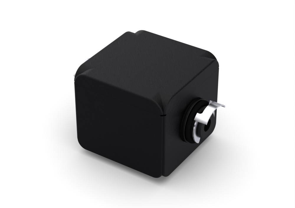 Ein schwarzes, würfelförmiges elektrisches Gerät mit einem rotierenden Knopf und einem weißen Indikator an einer Seite. Die Oberfläche wirkt glatt und matt.