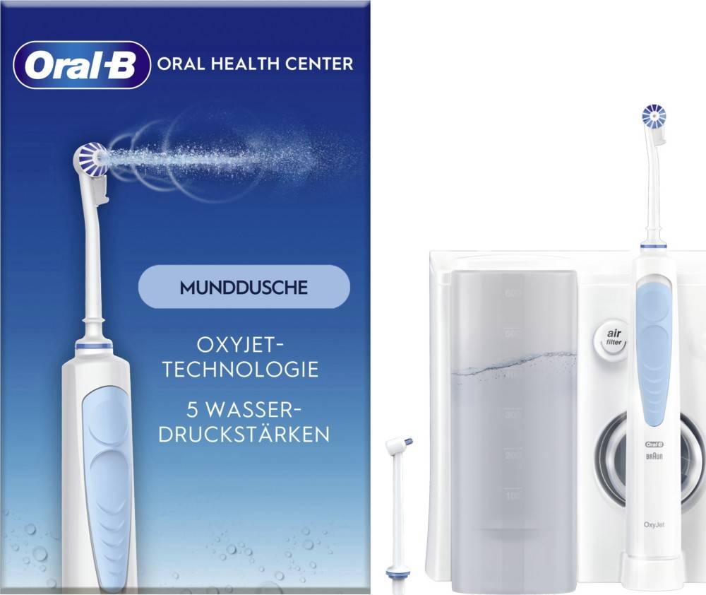 Oral-B OxyJet' Munddusche dargestellt mit Wasserstrahlsprüh. Deutsche Texthinweise zeigen Merkmale: 'Munddusche', 'Oxyjet-Technologie', 'Druckwäscher'.