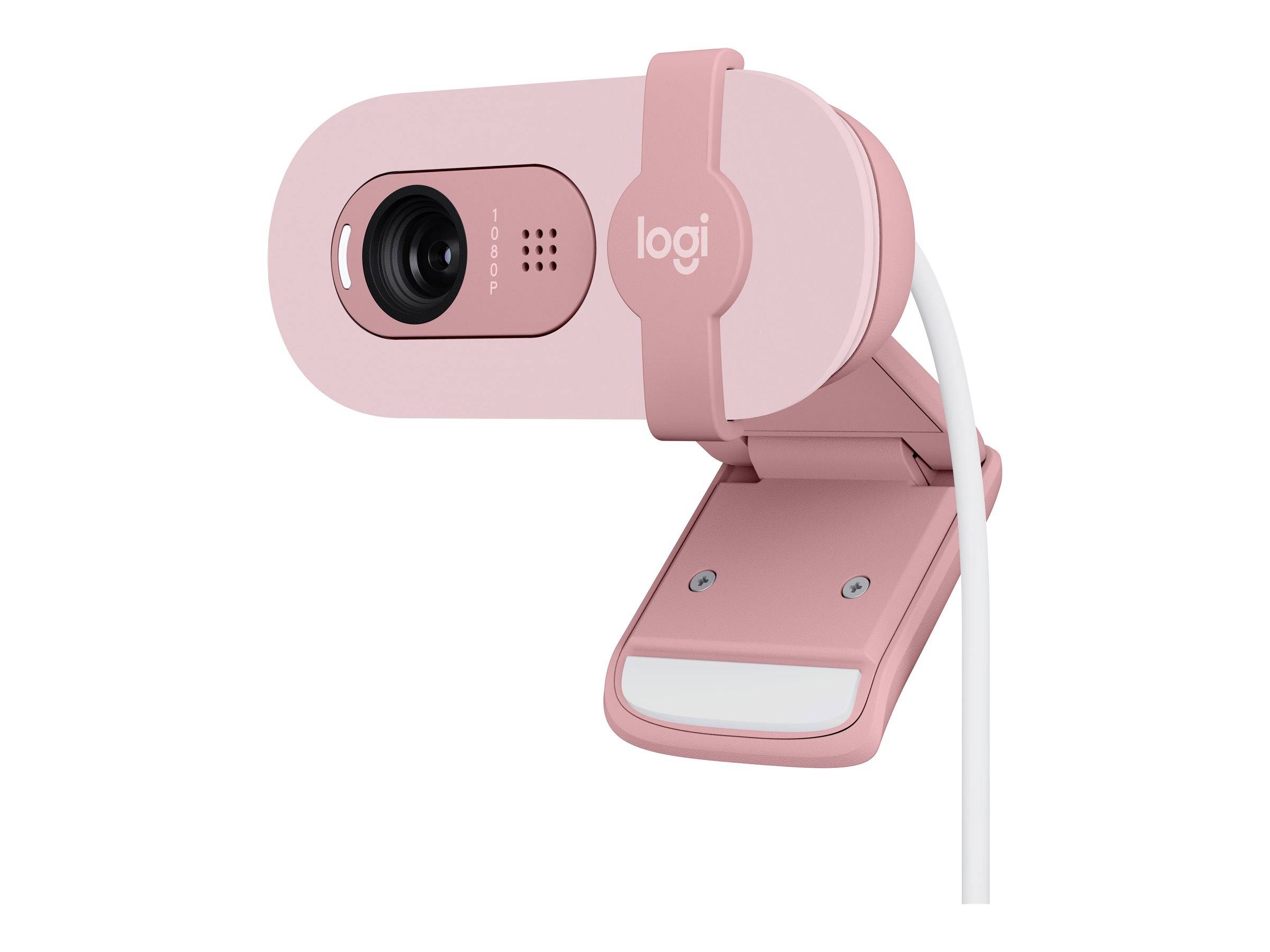 Rosa Logitech 'logi' Webcam mit verstellbarer Halterung und angeschlossenem weißem Kabel, gezeigt auf weißem Hintergrund.