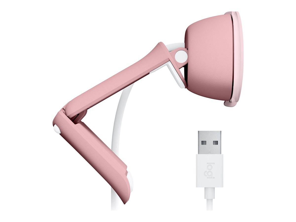 Rosa verstellbare aufsteckbare LED-Leuchte mit USB-Anschluss auf weißem Hintergrund.