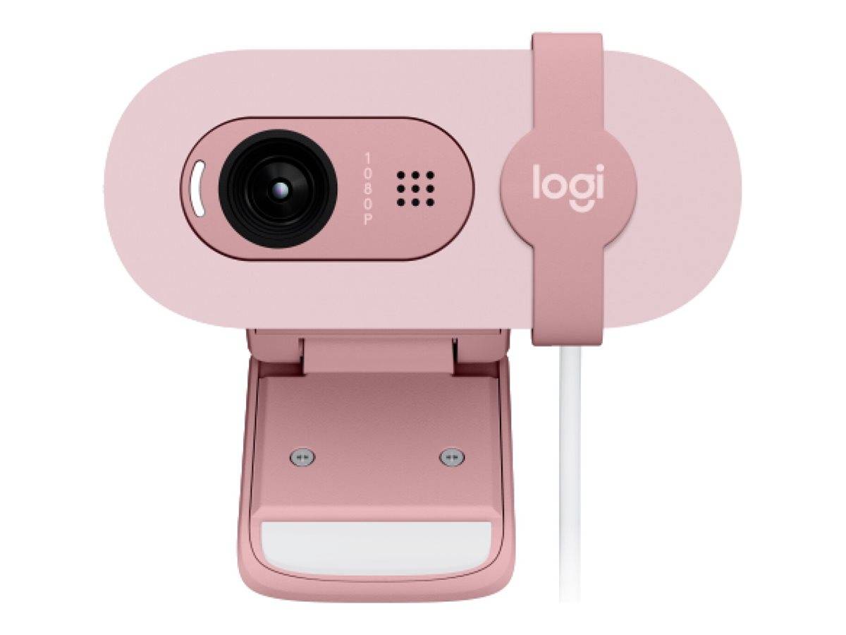Rosa Logitech-Webcam mit breitem gerundetem Gehäuse, Objektiv, Mikrofonlöchern und ausklappbarer Clip-Halterung in Vorderansicht.