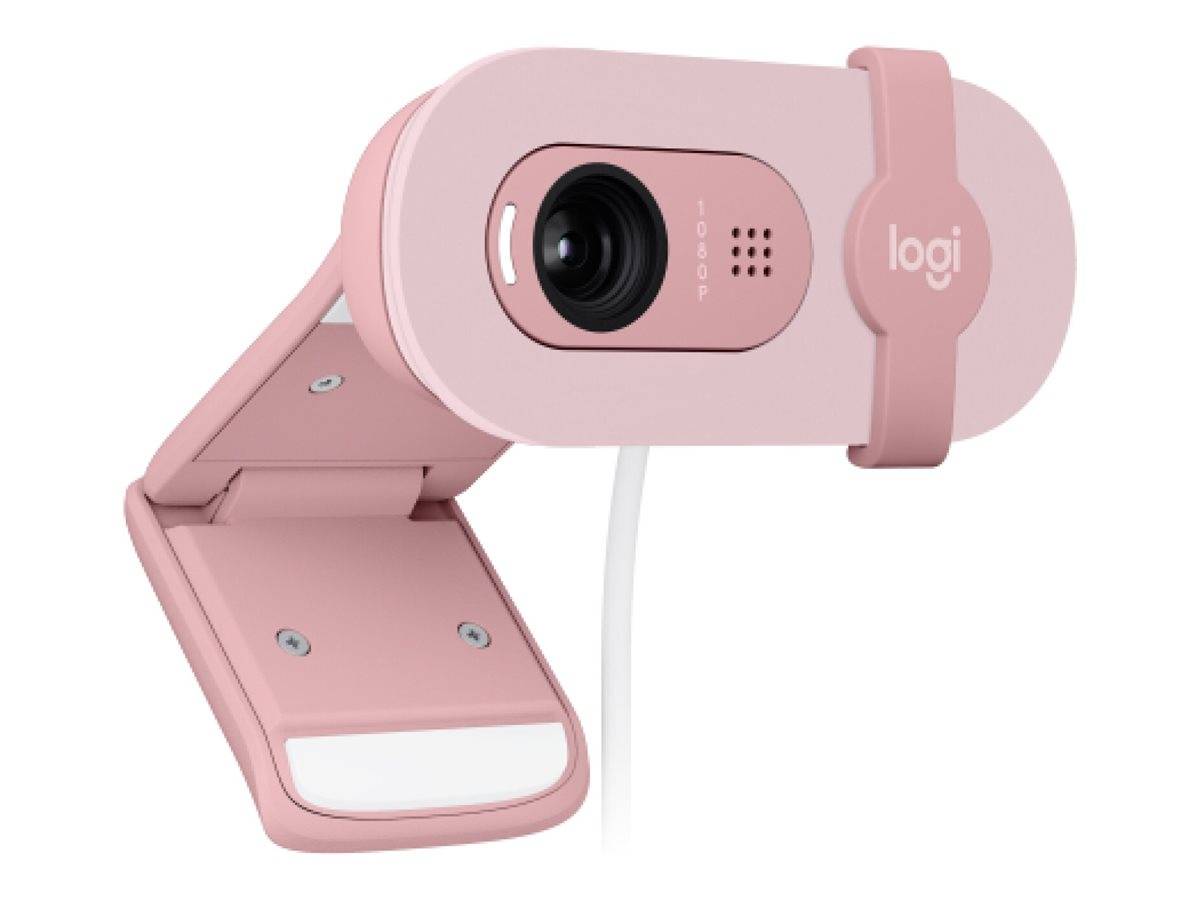 Rosa Logitech-Webcam mit verstellbarem Klappsockel und angebrachtem Kabel auf weißem Hintergrund.