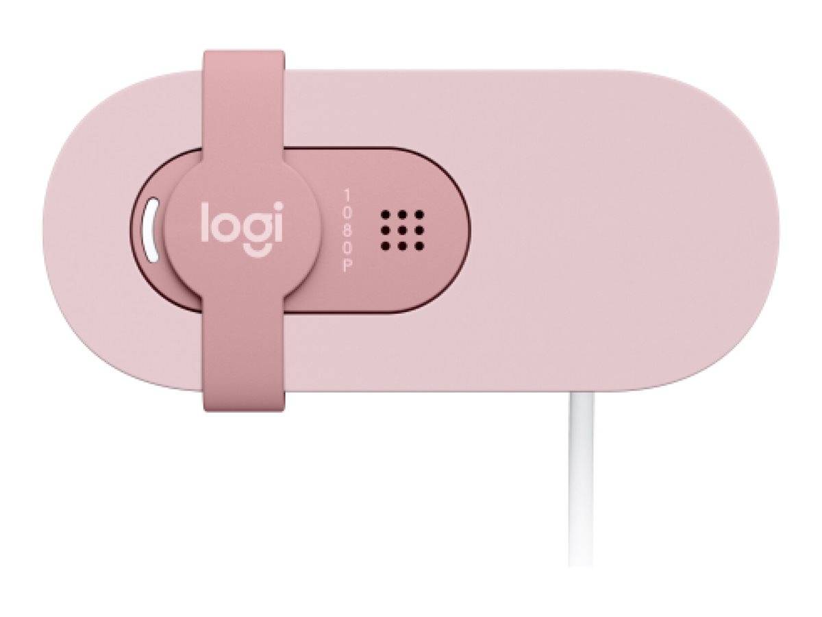 Rosa Logitech-Webcam mit Datenschutzverschluss und Clip-Halterung, Vorderansicht vor weißem Hintergrund.