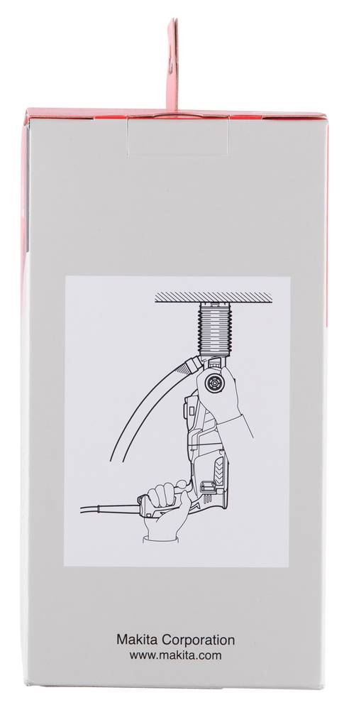 Rückseite einer Makita-Produktverpackung mit einer Strichzeichnung eines kabellosen Werkzeugs mit einer Hand, die den Griff hält, und einem oben angebrachten Anschluss.