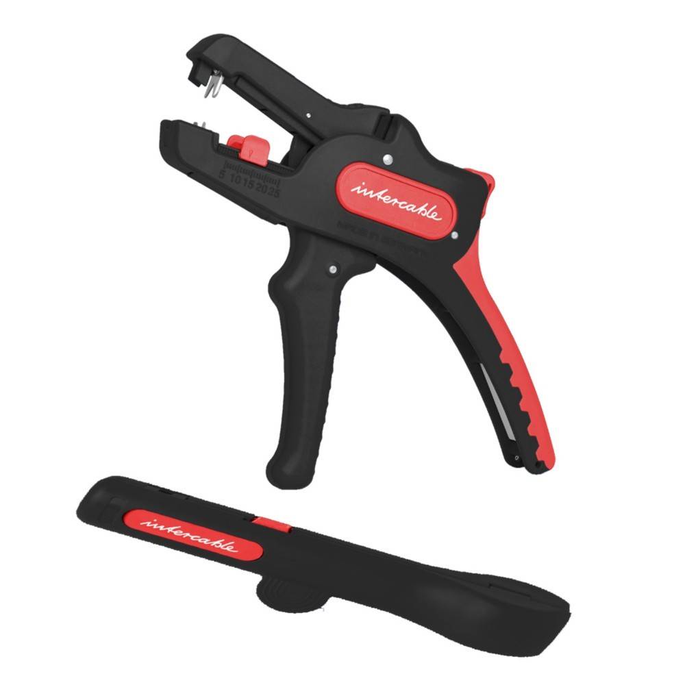 Ein schwarzer und roter automatischer Abisolierer, mit der Beschriftung 'intercable', mit einem angehängten Abschneidehandgriff daneben.