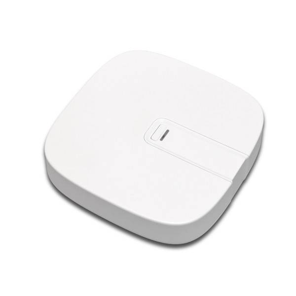 Ein weißes, quadratisches elektronisches Gerät mit abgerundeten Kanten und einem kleinen Knopf auf der Oberfläche, höchstwahrscheinlich ein Sensor oder Smart-Home-Gerät.