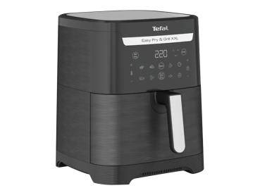 Ein schwarzer Heißluftfritteuse mit einer digitalen Anzeige, die eine Temperatur von 220°C und Kochmodussymbole zeigt. Das Markenlogo ist oben sichtbar.