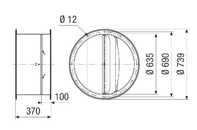 Technische Zeichnung eines kreisförmigen Metallkanals mit Abmessungen: Durchmesser 635 mm, Kanalhöhe 100 mm. Seiten- und Frontansicht dargestellt.
