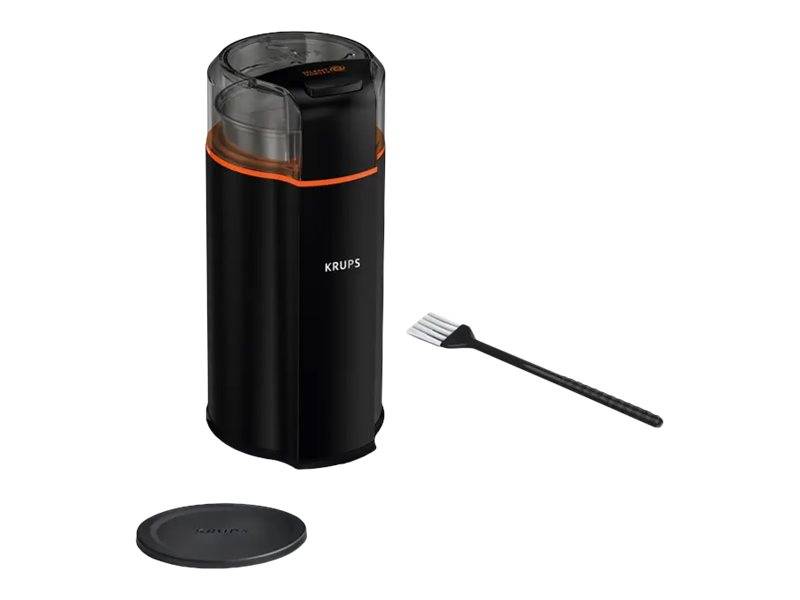 Ein schwarzer Krups-Kaffeemühle mit durchsichtigem Deckel und orangefarbenem Rand. Inklusive Deckel und Reinigungsbürste.