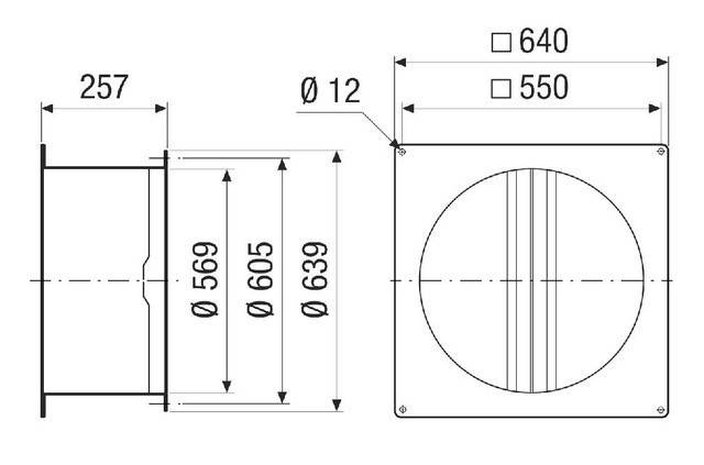 Technische Zeichnung einer kreisförmigen Lüftungsabdeckung. Abmessungen beinhalten einen Durchmesser von 12 Einheiten für den Mittelkreis und eine Gesamtbreite von 640 Einheiten.