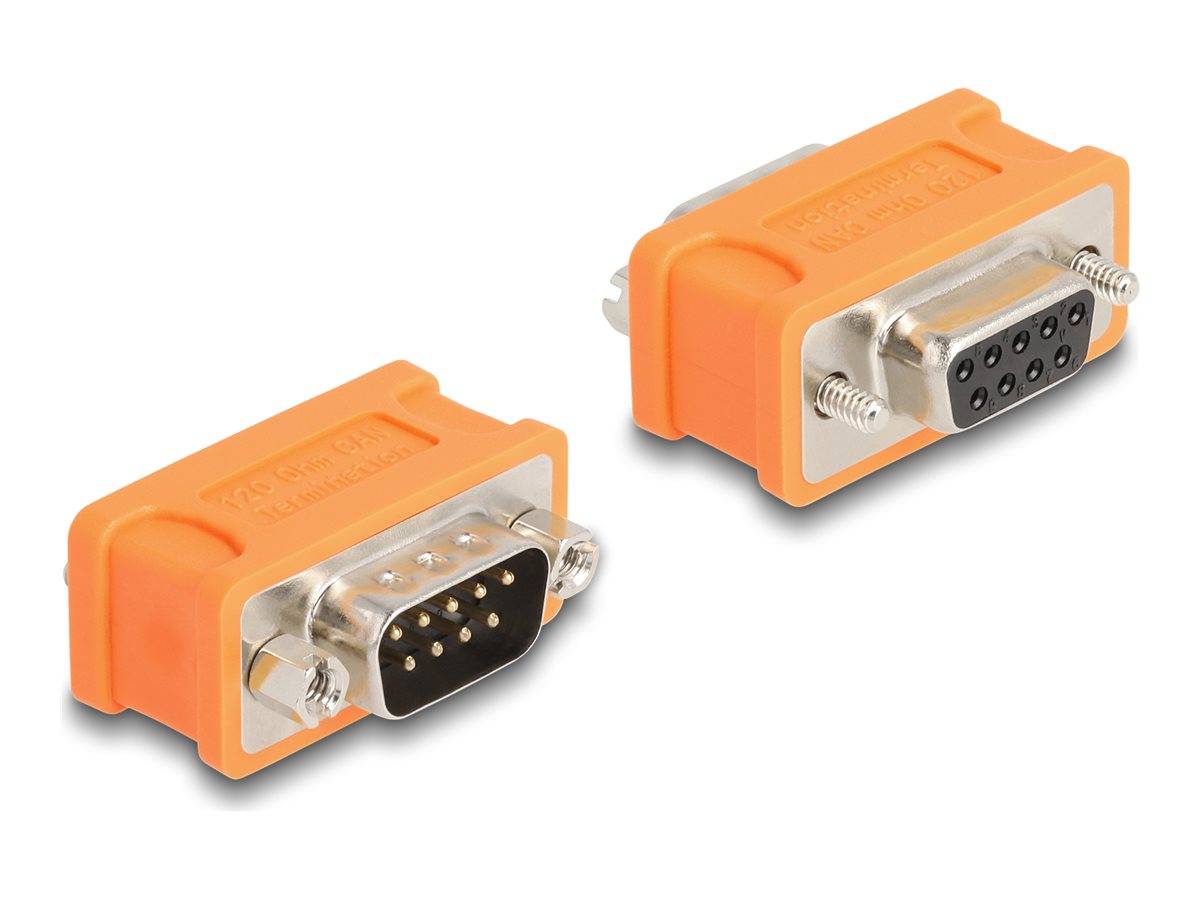 Zwei orange D-Sub-Stecker-Adapter, einer männlich und einer weiblich, auf weißem Hintergrund dargestellt.