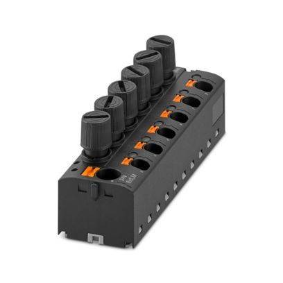Ein schwarzes Anschlussleiterplatte mit sechs Verbindungspunkten und orangefarbenen Hebeln, das zum sicheren Verbinden von Stromkreisen verwendet wird.