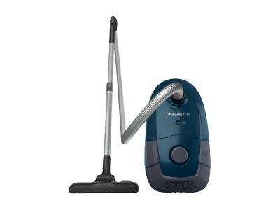 Ein blauer Bodenstaubsauger mit einem langen silbernen Schlauch und einer schwarzen Bodendüse, geeignet für die Hausreinigung.