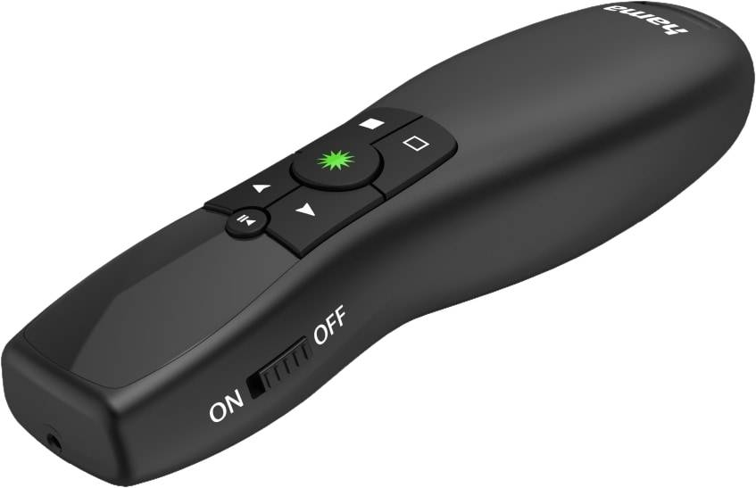 Eine schwarze Fernbedienung mit einem Ein-/Ausschalter und Tasten für Abspielen, Vorspulen und einem grünen Laserpointer.