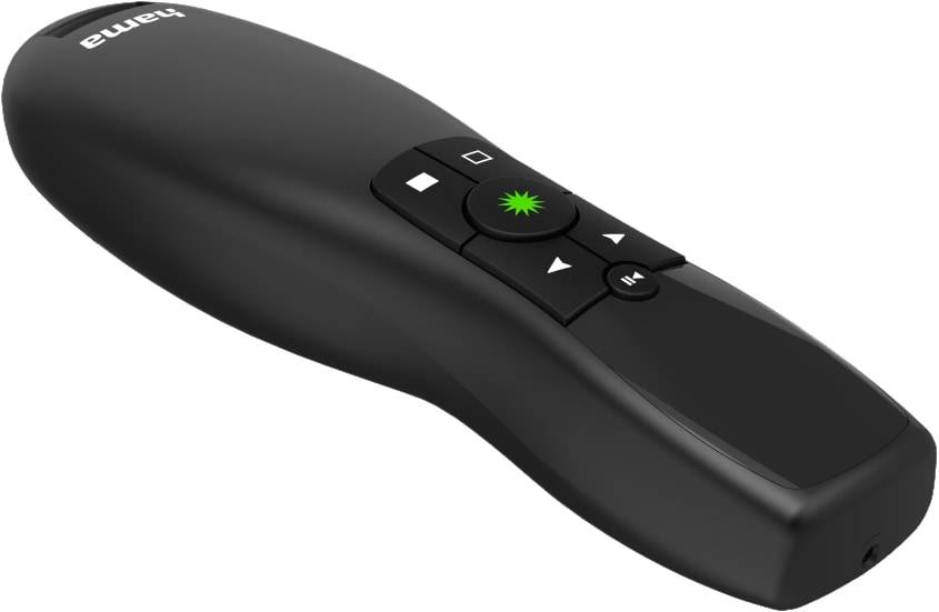 Ein schwarzer ergonomischer kabelloser Presenter mit Steuerungstasten, einschließlich Vorwärts- und Rückwärtspfeilen, Play-Taste und grünem Laserpointer.