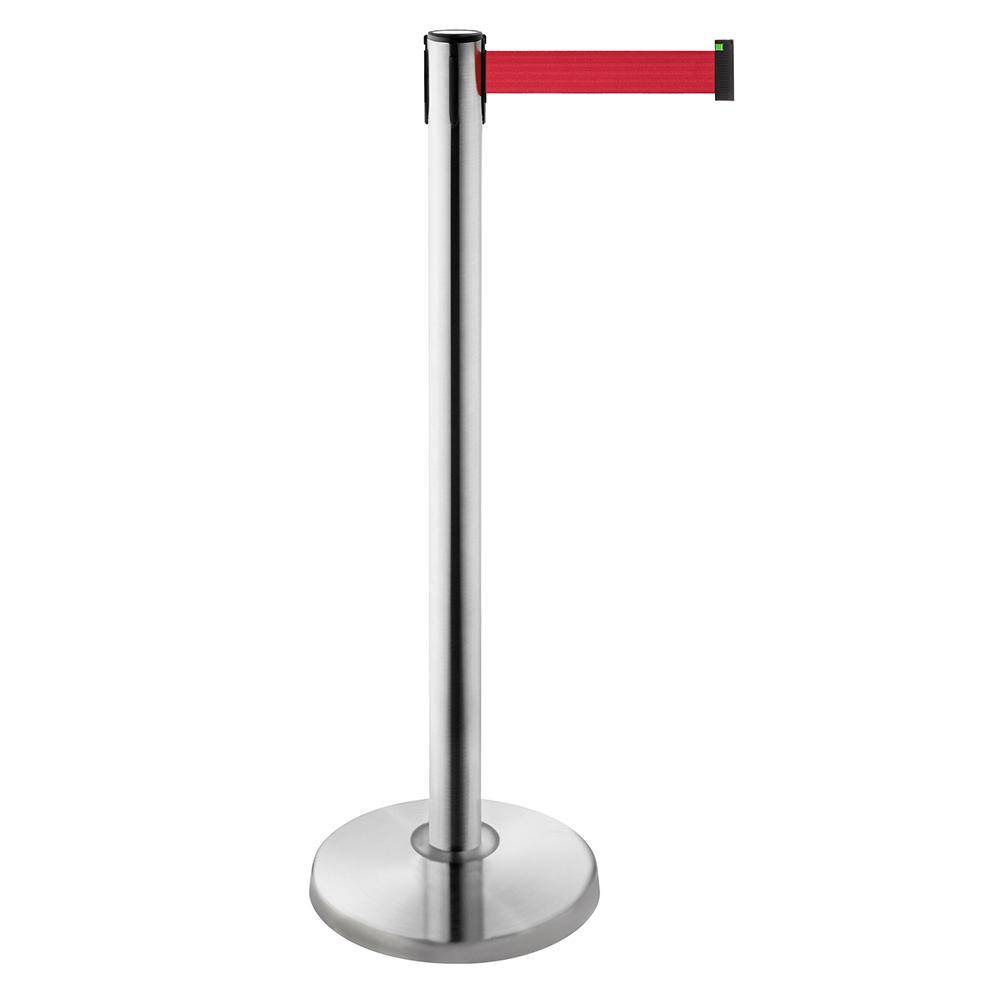 Absperrpfosten ALA - Edelstahl - Höhe 1000 mm - Gurtauszugslänge 3500 mm - Farbe silber - Gurtfarbe rot - 10,5 kg