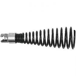 Eine gewickelte Metallfeder mit einem zylindrischen Endstück, die horizontal auf einem weißen Hintergrund liegt.