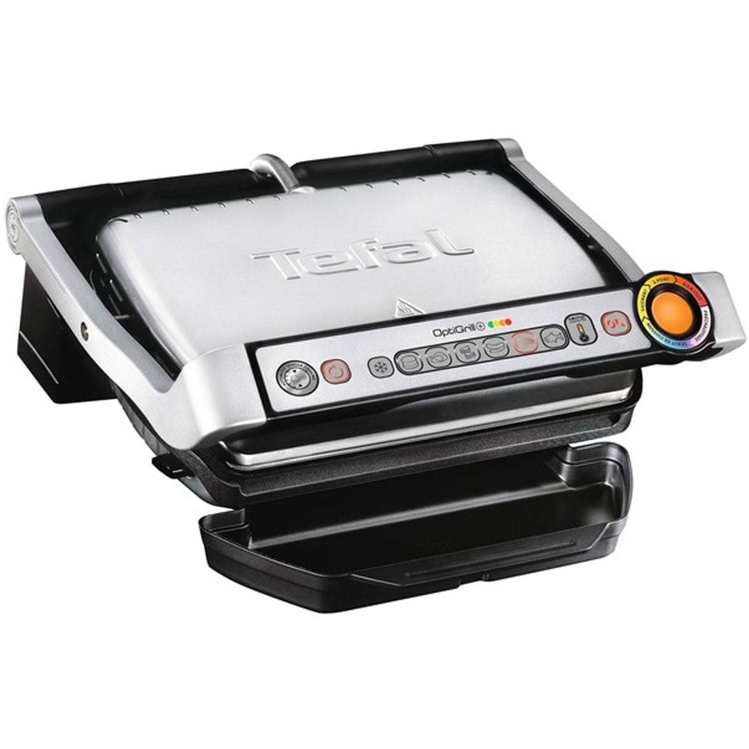 Edelstahl-Elektrogrill mit digitalen Bedienungsschaltern und abnehmbarem Fettablauf, entwickelt zum Kochen in Innenräumen.