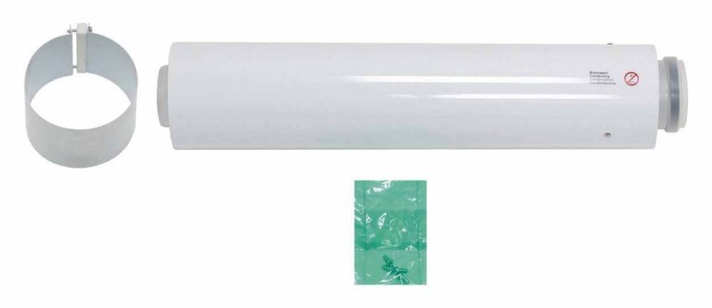 Ein weißes zylindrisches Luftfilter- oder Kanalbauteil mit grauen Endkappen, dargestellt mit einem Metallbefestigungsring und einem kleinen grünen Päckchen darunter.