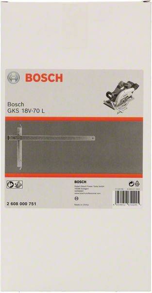 Bosch GKS 18V-70 L' Kreissäge mit Modellbeschreibung, Firmenlogo und Barcode. Enthält ein Führungsschienen-Zubehör für Querschnitte.