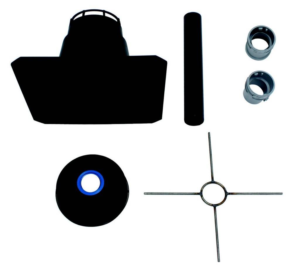 Verschiedene Teile eines Werkzeugs: ein Schutzschild, ein zylindrischer Griff, zwei Adapter, eine kreisförmige Scheibe und ein viereckiges Metallstück.