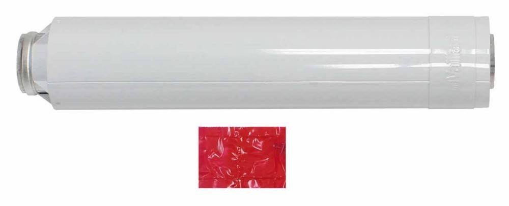 Weißer zylindrischer Patronenfilter oder Filtergehäuse, horizontal auf weißem Hintergrund dargestellt, mit einem kleinen roten strukturierten Quadrat darunter.