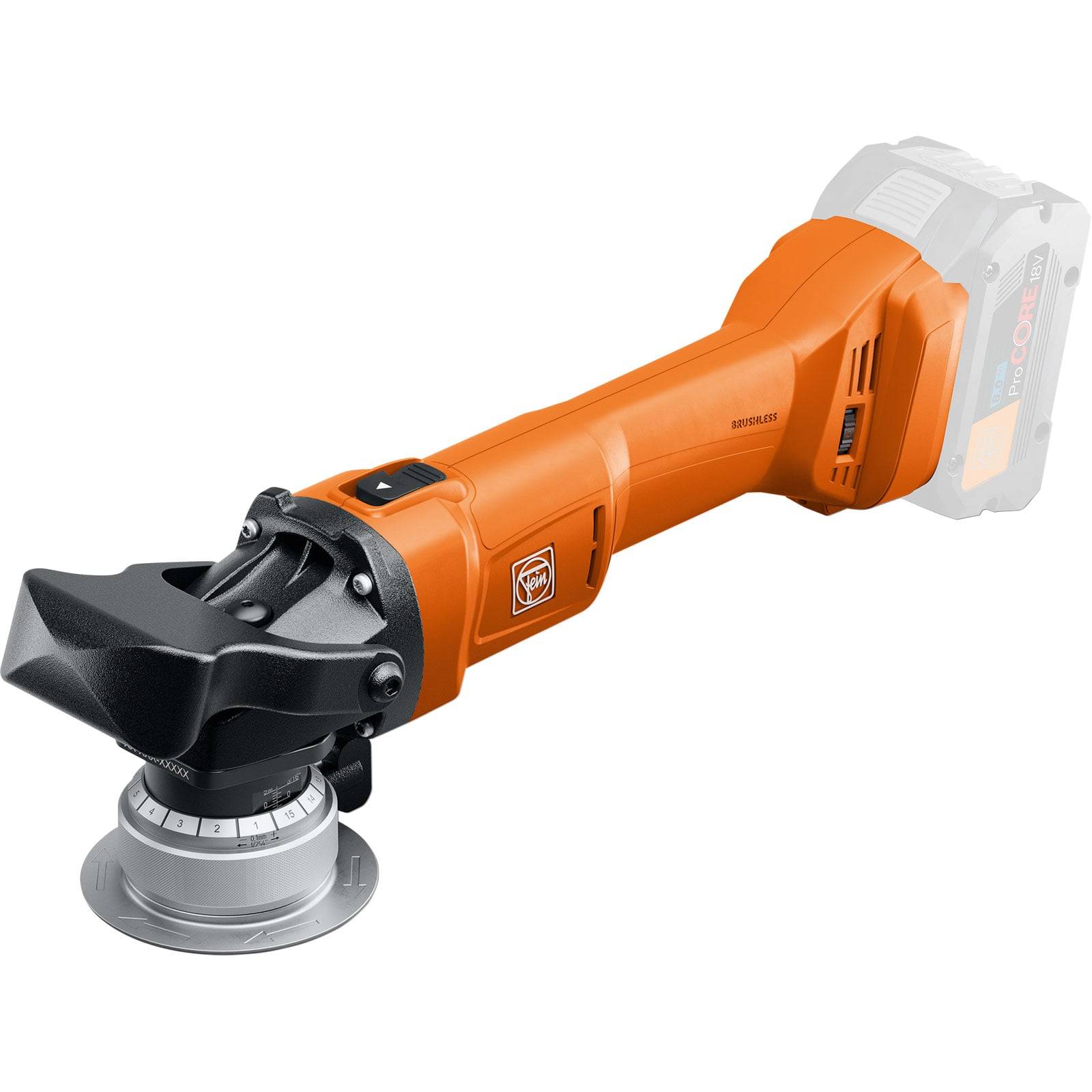 Ein orangefarbenes tragbares Elektrowerkzeug, das einem Polierer oder einer Schleifmaschine ähnelt, verfügt über ein kompaktes Design mit einem sichtbaren Einstellrädchen in der Nähe des Werkzeugkopfes.