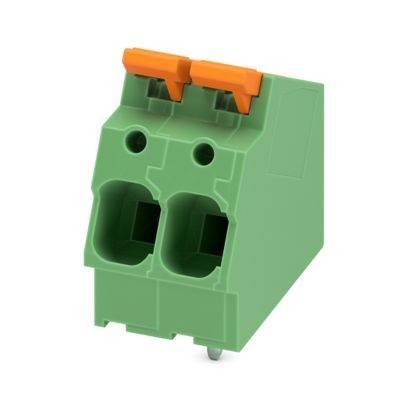 Ein grüner Schaltungsstecker mit zwei Schlitzen und orangefarbenen Laschen oben, verwendet für elektrische Verbindungen in Elektronik- oder Verdrahtungssystemen.