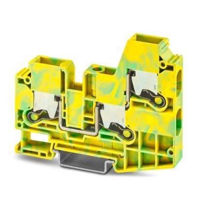 Ein gelb und grün gefärbter industrieller Klemmblock mit zwei Drahtöffnungen, der zum Verbinden von elektrischen Schaltkreisen verwendet wird und sein robustes Design zur Schau stellt.