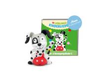 Cartoon-Plüsch-Dalmatiner-Spielzeug mit einer roten Basis sitzt vor einem Kinderbuch mit dem Titel 