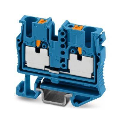 Ein blau-graues Elektroklemmenblock mit zwei Anschlusspunkten, wird verwendet, um Elektrokabel sicher in einem Stromkreis zu verbinden.