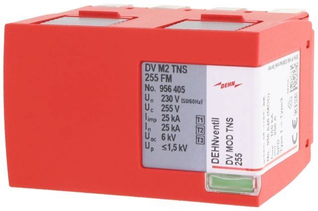 DEHNventil 255 FM Überspannungsableiter, Modell DV M2 TNS, Artikelnummer 950 405, Uc: 230 V, Iimp: 25 kA, Up: ≤ 1,5 kV, T1 T2 Klassifizierung.