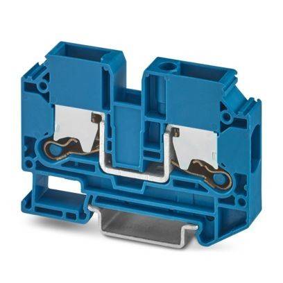 Ein blauer modularer Klemmblock mit metallischen Anschlüssen, der zum Befestigen und Verbinden mehrerer elektrischer Drähte in einer Schalttafel verwendet wird.