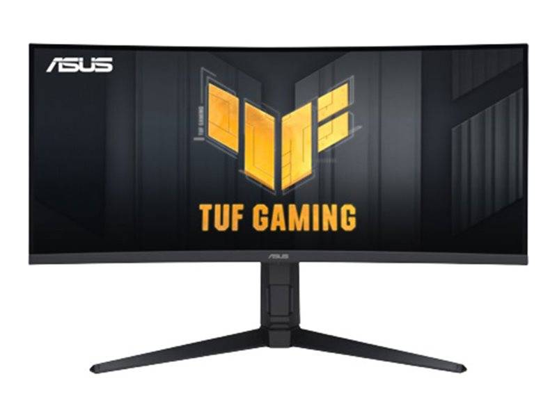 ASUS TUF Gaming gekrümmter Monitor auf schwarzem Ständer, zeigt das TUF Gaming Logo auf dem Bildschirm.