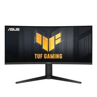 ASUS TUF Gaming gebogener Monitor auf einem Ständer, Vorderansicht mit schwarzem Bildschirm, auf dem das TUF Gaming-Logo angezeigt wird.