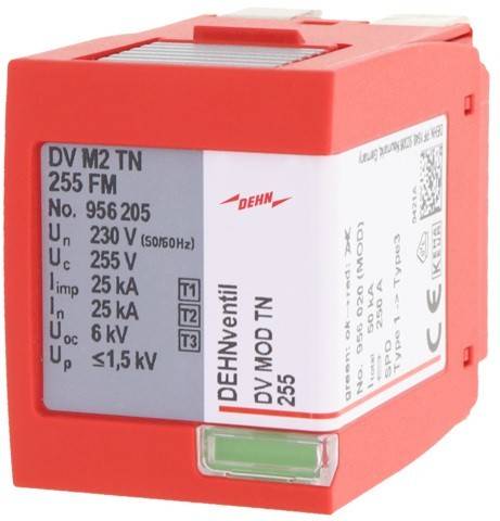 Kleiner roter rechteckiger elektronischer Baustein mit der Beschriftung 'DEHNventil DV M2 TN 255 FM', mit Spezifikationen wie Spannungs- und Stromwerten.