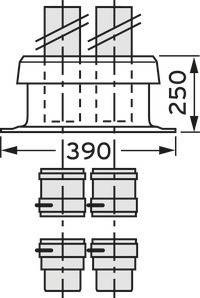 Technische Zeichnung eines zylindrischen Objekts mit Abmessungen: Höhe 250 mm, Breite 390 mm, mit Details der Innenkomponenten.