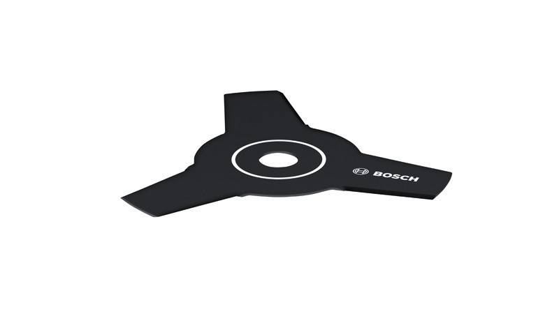 Eine schwarze Bosch-Rasenmähermesser mit drei scharfen Kanten, entwickelt für effizientes Schneiden. Geeignet für anspruchsvolle Rasenpflege.