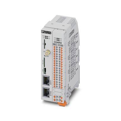 Gerät mit der Bezeichnung CHARX SEC-3100 mit verschiedenen Anschlüssen und Steckverbindern, entworfen für die Elektroverwaltung, mit Ethernet- und USB-Verbindungen.
