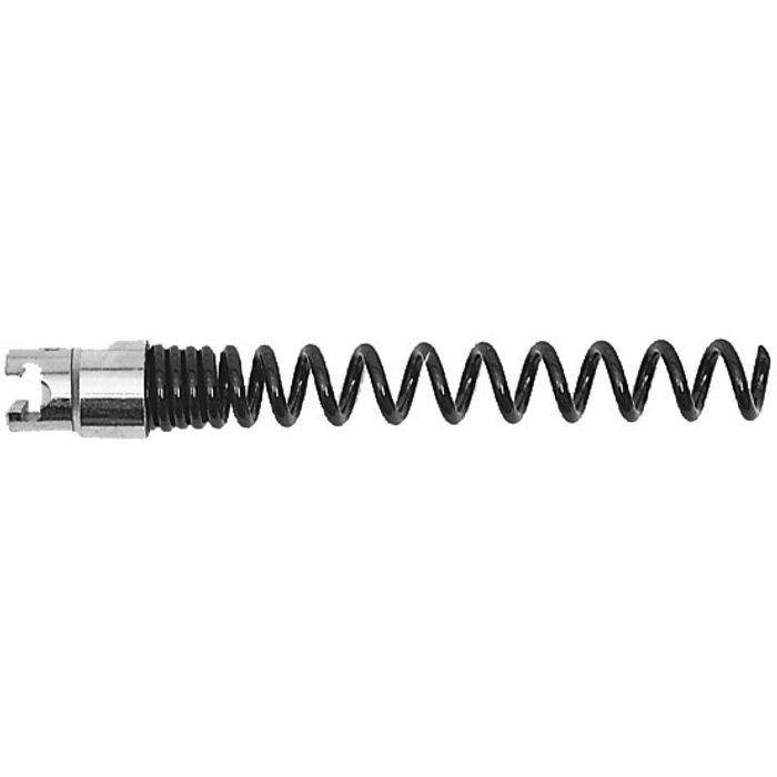 Aufgerollte Metallrohrreinigungsspirale mit kabelartigem Federdesign und silbernem Kopf auf weißem Hintergrund.
