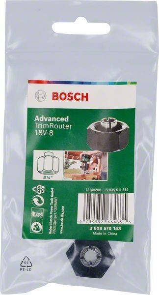 Die Abbildung zeigt die Verpackung einer Bosch Advanced TrimRouter 18V mit einem Foto einer Person, die das Gerät verwendet, sowie technischen Spezifikationen.