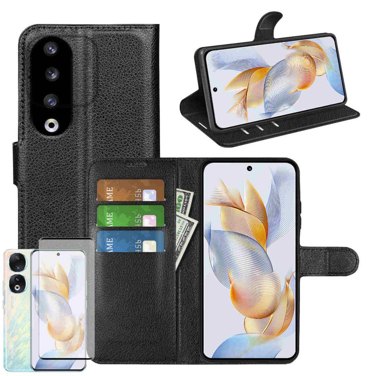 Für Honor 90 Pro 5G Produktset Handy Tasche Wallet + H9 4D Curved Hart Glas Schutz Hülle Case Cover Etuis Neu Zubehör Schwarz
