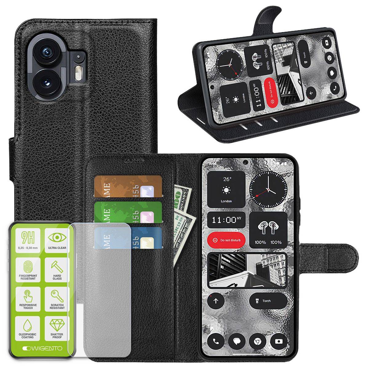 Für Nothing Phone 2 Produktset Handy Tasche Wallet + H9 Hart Glas Schutz Hülle Case Cover Etuis Neu Zubehör Schwarz