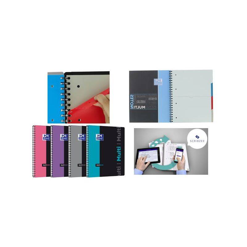 Collage aus Spiralnotizbüchern und einem Notizbuch, das zusammen mit einem Tablet und Smartphone verwendet wird, mit verschiedenen Einbandfarben und Plannerseiten.