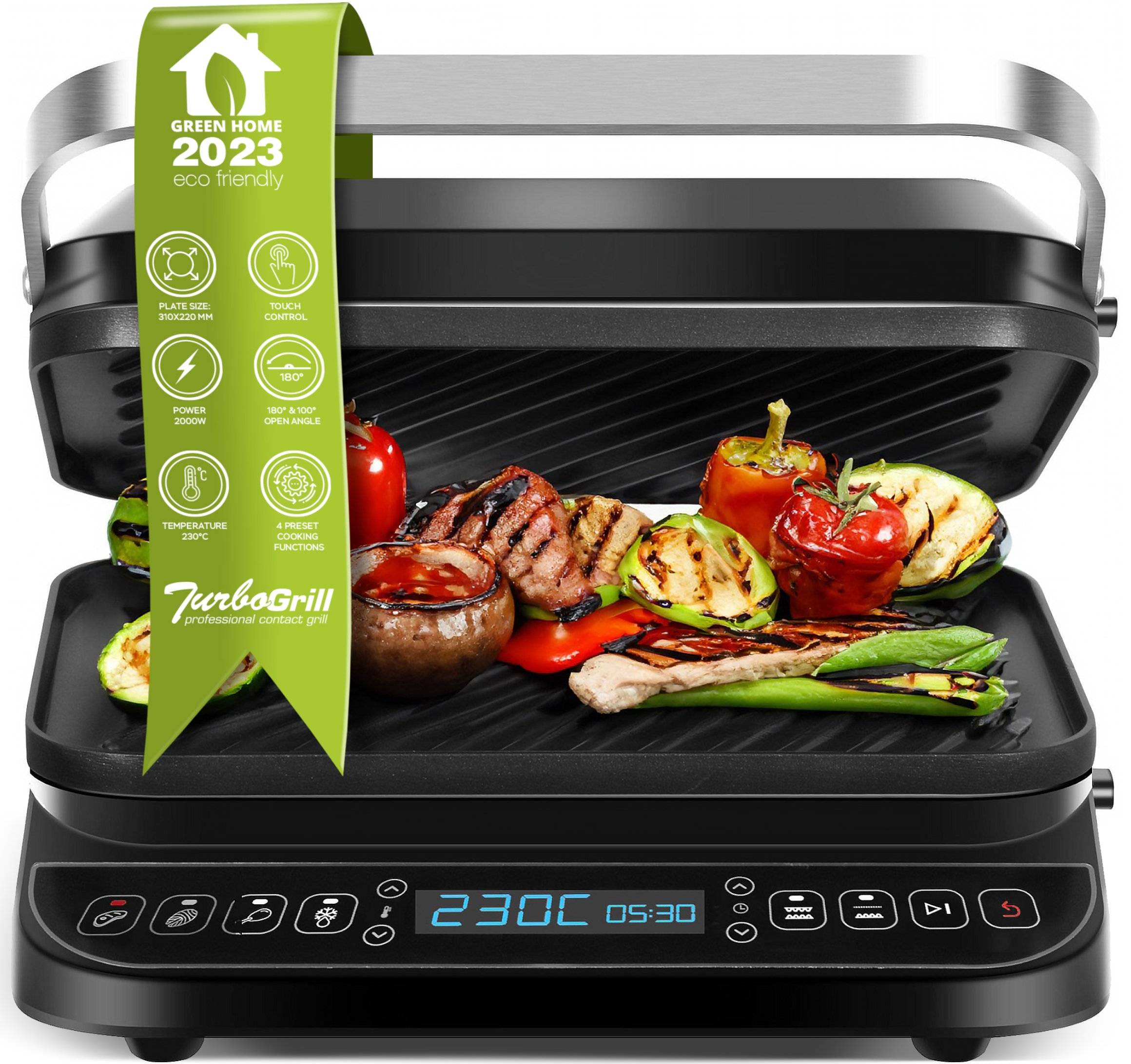 TurboTronic Kontaktgrill CG900, abnehmbare Platten, LCD Display, digital, 180° Öffnung, Tischgrill, Paninimaker, Elektrogrill, Fleischgrill, Burgerg