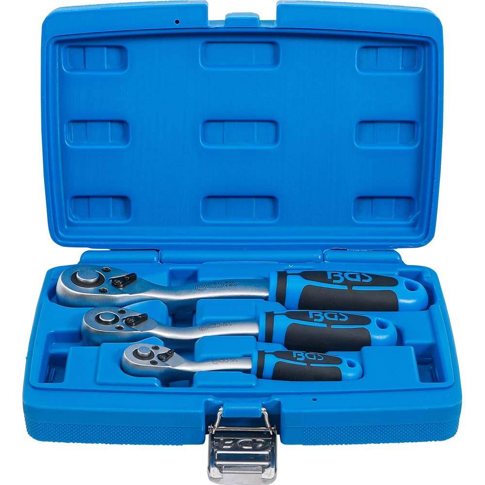 Umschaltknarren-Satz - gekröpfte Ausführung - feinverzahnt - Außenvierkant 6,3 mm (1/4") bis 12,5 mm (1/2") - 3-tlg.