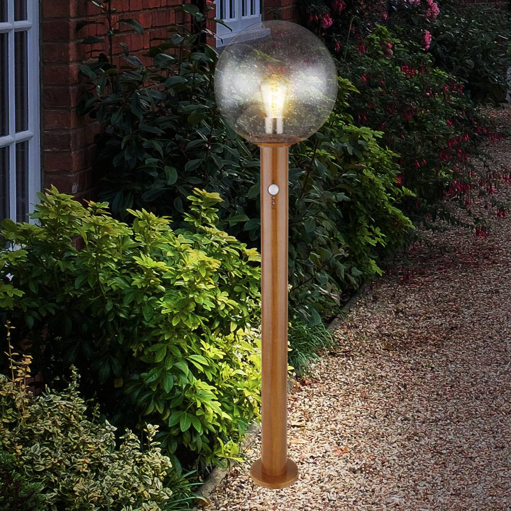 Gartenleuchte mit Bewegungsmelder Außenleuchte Stehlampe Standleuchte moderne Terrassenlampe, Holzoptik, Alu Glas, braun, E27 Fassung, DxH 25x100 cm