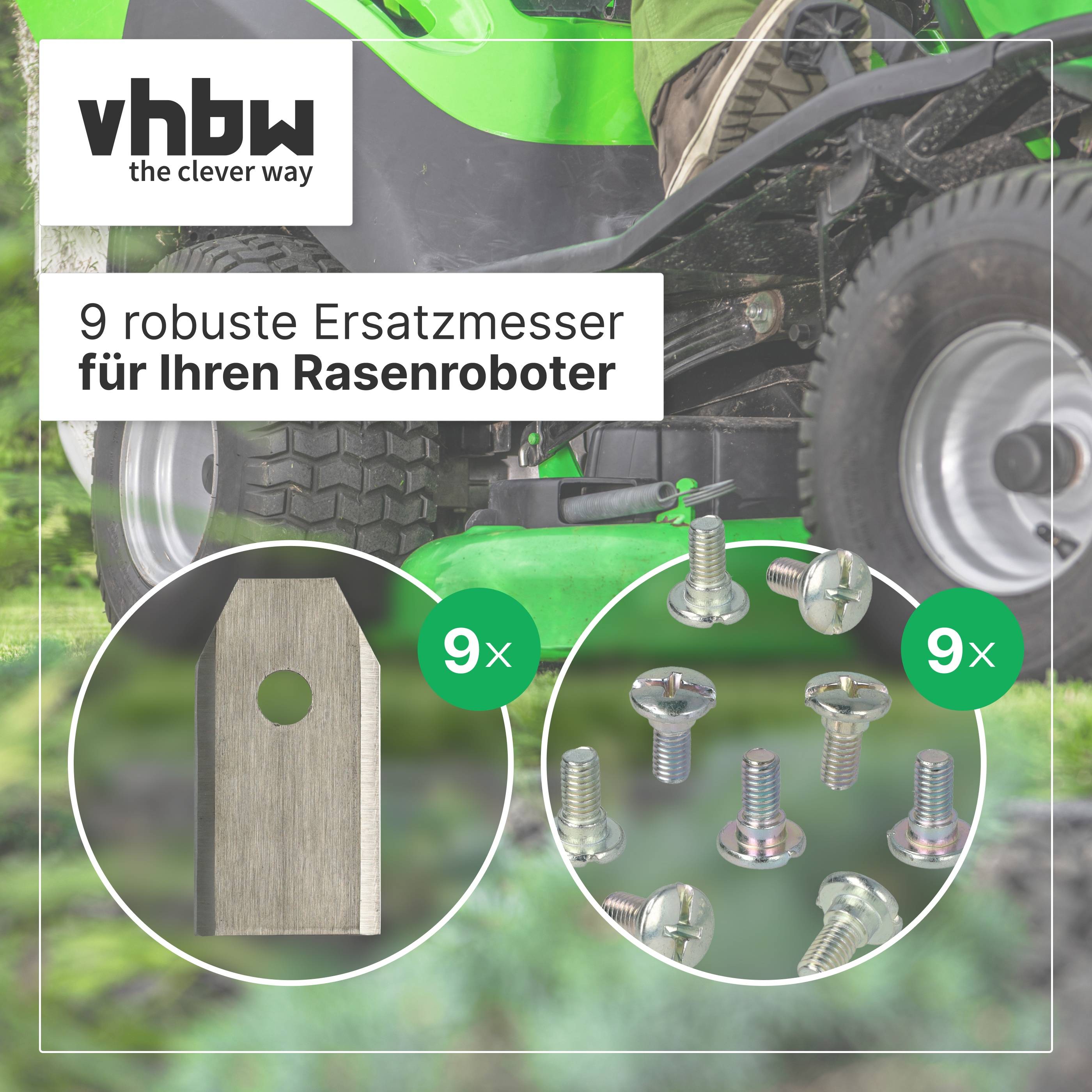vhbw Angebot für 9 Ersatzklingen für einen Rasenmähroboter, mit einer Klinge und 9 Schrauben dargestellt vor einem Hintergrund mit Mährad.